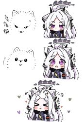 Rule 34 | &gt; &lt;, 1girl, absurdres, animal ear fluff, blue archive, chibi, closed eyes, demon girl, demon horns, e v e neko, halo, headpat, heart, highres, hina (blue archive), horns, kemonomimi mode, long hair, open mouth, purple eyes, purple halo, simple background, solo, white background, white hair, yurie mouth