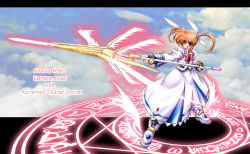 00s 1girl bow character_name energy_wings english_text female_focus fingerless_gloves gloves letterboxed lyrical_nanoha magazine_(weapon) magic_circle magical_girl mahou_shoujo_lyrical_nanoha mahou_shoujo_lyrical_nanoha_a&#039;s polearm purple_eyes raising_heart raising_heart_(exelion_mode) red_bow red_hair shoes solo takamachi_nanoha takamachi_nanoha_(sacred_mode) twintails weapon white_devil winged_boots wings