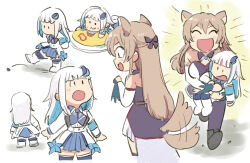 2girls :d :o animal_ears armband blue_bow blue_bowtie blue_dress blue_hair blue_skirt blunt_bangs boots bow bowtie carrying colored_inner_hair deformed dog_ears dog_girl dog_tail dress eating excited food food_on_face furen_e_lustario furen_e_lustario_(1st_costume) glowing hair_bow hair_ornament halterneck height_difference jacket light_blue_hair light_brown_hair lize_helesta lize_helesta_(1st_costume) long_bangs long_hair long_sleeves miniskirt multicolored_hair multiple_girls multiple_views nijisanji omelet omurice open_mouth oversized_food oversized_object pleated_skirt running sidelocks simple_background skirt sleeveless sleeveless_dress smile tail tail_wagging tsubobot very_long_hair virtual_youtuber white_background white_boots white_hair white_jacket