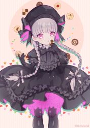1girl akagi_(redsiland) black_hat braid cookie doll_joints eating fate/grand_order fate_(series) food gothic_lolita grey_hair hat highres joints lolita_fashion looking_at_viewer nursery_rhyme_(fate) pink_eyes ribbon twin_braids