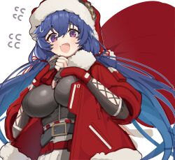 1girl absurdres alternate_costume bag belt black_belt blue_hair blush breasts commentary english_commentary fang fur-trimmed_headwear fur-trimmed_jacket fur_trim girls&#039;_frontline girls&#039;_frontline_2:_exilium hair_between_eyes hat highres holding holding_bag jacket large_breasts long_hair looking_at_viewer lotta_(girls&#039;_frontline_2) open_mouth patanda purple_eyes red_bag red_hat red_jacket santa_costume santa_hat simple_background solo sweatdrop upper_body white_background