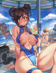 :&gt; back_muscles balrog_(street_fighter) beach beach_mat blue_one-piece_swimsuit blush bracelet breasts cammy_white capcom chun-li crossover double_bun embarrassed flower hair_bun hair_flower hair_ornament highleg highleg_one-piece_swimsuit jewelry karosu_maker kazama_asuka kuma_(tekken) large_breasts lili_(tekken) m._bison muscular muscular_female nervous_smile nipple_slip nipples official_alternate_costume one-piece_swimsuit pussy pussy_peek sagat saliva saliva_trail sitting smile solo_focus street_fighter street_fighter_6 swimsuit tekken thick_thighs thighs vega_(street_fighter) wardrobe_malfunction wide-eyed