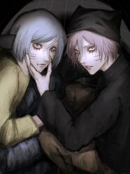 2boys animal_ears animal_hat cat_hat facial_mark fake_animal_ears fingernails hat highres long_sleeves male_focus mouse_ears multiple_boys nyen_(randal&#039;s_friends) nyon_(randal&#039;s_friends) pink_hair randal&#039;s_friends sharp_fingernails shirt short_hair simple_background squatting wau_wau whisker_markings white_hair yellow_shirt