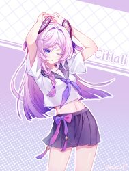 1girl ;o absurdres arms_up blue_eyes braid character_name citlali_(genshin_impact) cowboy_shot genshin_impact halftone halftone_background highres long_hair looking_at_viewer mibai_yume midriff navel neckerchief one_eye_closed pink_pupils pleated_skirt polka_dot polka_dot_background purple_neckerchief school_uniform serafuku short_sleeves skirt solo