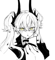 1girl body_markings breasts cleavage earrings fate/grand_order fate_(series) hair_ornament harness horns jacket jewelry large_breasts lollipop_in_mouth long_hair mo_(aabx315) monochrome multiple_earrings o-ring o-ring_harness ordeal_call_servant_(female) pointy_ears simple_background solo spot_color twintails white_background yellow_eyes