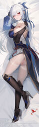 1girl absurdres ass bare_shoulders black_gloves blindfold blue_dress blue_sleeves blush boots breasts censored closed_mouth detached_sleeves dress gloves hair_between_eyes high_ponytail highres holding honkai:_star_rail honkai_(series) jingliu_(honkai:_star_rail) large_breasts long_hair looking_at_viewer magic_xiang pantyhose ponytail pussy red_eyes solo thighband_pantyhose thighs white_hair white_pantyhose