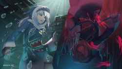 Rule 34 | 1girl, absurdres, air bubble, animal hood, blood, blood on clothes, blood on face, bloody weapon, blue eyes, blue hair, bubble, diving, evil grin, evil smile, freediving, gawr gura, grin, highres, holding, holding polearm, holding weapon, hololive, hololive english, hood, hood up, hoodie, jellyfish, light blush, long hair, long sleeves, midorin 567, multicolored hair, multiple views, open mouth, partially shaded face, polearm, red eyes, red hair, smile, submerged, trident, twitter username, underwater, upside-down, virtual youtuber, water, weapon, white hair
