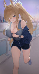 1girl absurdres alternate_costume angdo_(kakajo26) animal_ear_fluff aqua_eyes armpit_crease black_shorts blonde_hair blue_archive blue_jacket blue_sky blurry blurry_background blush breasts bridge building cityscape cleavage clenched_hand collarbone commentary_request concentrating concrete crossed_bangs day depth_of_field dolphin_shorts double-parted_bangs foot_out_of_frame foot_up grey_shoes grey_tank_top hair_intakes highres hug jacket kanna_(blue_archive) long_bangs long_hair off_shoulder outdoors parted_lips partially_unzipped railing river running serious sharp_teeth shoes shorts sidelocks sky skyscraper solo suspension_bridge sweat sweaty_clothes tank_top teeth v-shaped_eyebrows watch water wristwatch zipper zipper_pull_tab