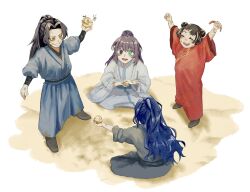 2boys 2girls aged_down aqua_eyes arms_up black_hair black_hanfu black_sash black_shoes blue_hair chinese_clothes daguanyuan&#039;s_jia_huan_(project_moon) dirty dirty_clothes dirty_face double_bun full_body grin hair_bun hanfu heterochromia high_ponytail highres hong_lu_(project_moon) jia_xichun_(project_moon) limbus_company lin_daiyu_(project_moon) long_hair long_sleeves multicolored_hair multiple_boys multiple_girls open_mouth parted_hair ponytail project_moon purple_eyes purple_hair qqqqpeach red_hanfu sand sash shoes sitting sleeves_rolled_up smile standing streaked_hair teeth twig white_hanfu white_streaks wide_sleeves worm yellow_eyes