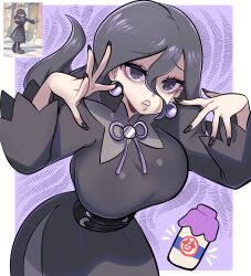 Rule 34 | 1girl, absurdres, alternate breast size, black dress, black hair, bottle, breasts, creatures (company), dress, earrings, game freak, hair between eyes, hex maniac (pokemon), hex maniac (pokemon legends: z-a), highres, jewelry, large breasts, long hair, long sleeves, looking at viewer, milk bottle, missandydandy, moomoo milk, neck ribbon, nintendo, pokemon, pokemon legends: z-a, purple ribbon, ribbon, simple background, solo