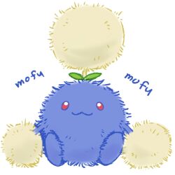 :3 animal_focus closed_mouth fluffy full_body gen_2_pokemon happy japanese_text jumpluff looking_at_viewer monya nintendo no_humans pokemon pokemon_(creature) red_eyes simple_background sitting smile solo straight-on translated white_background