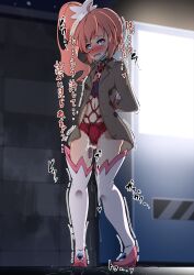 1girl ahoge amatsuki_meguru arms_behind_back backlighting ball_gag bdsm blue_eyes blue_gemstone blush bondage bound bound_arms bound_wrists breasts brown_coat buttons buuta_(densya101) coat collar controller crop_top drooling embarrassed exhibitionism female_focus full_body gag gag_around_neck gem hair_ornament heart heavy_breathing highres japanese_text long_hair long_sleeves mask mask_pull medical_mask moaning mouth_mask multicolored_shirt navel night no_pants nose_blush open_clothes open_coat outdoors panties pigeon-toed pink_shoes public_indecency pussy_juice raised_eyebrows red_panties remote_control remote_control_vibrator rope saliva sex_toy shibari shibari_under_clothes shoes side_ponytail sidelocks small_breasts solo spoken_heart standing surgical_mask talking thighhighs thighs translation_request trembling twin_angel twin_angel_break underwear ungagged unworn_gag vending_machine vibrator vibrator_under_clothes white_thighhighs