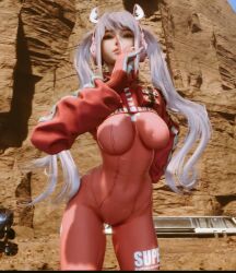 1girl 3d alice_(nikke)_(cosplay) bodysuit breasts closed_mouth eve_(stellar_blade) game_cg gloves headphones large_breasts long_hair looking_at_viewer outdoors pink_bodysuit pink_gloves shift_up standing stellar_blade twintails white_hair