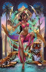 Rule 34 | 1girl, aladdin (movie), alternate costume, arabian clothes, artist collaboration, artist name, barefoot, black hair, dagger, dark-skinned female, dark skin, day, extra arms, hat, highres, holding, holding dagger, holding knife, holding sword, holding weapon, j. scott campbell, jasmine (disney), knife, long hair, looking at viewer, magic, magic carpet, middle eastern architecture, nail polish, navel, outdoors, palm tree, pink hat, pink nails, scimitar, signature, standing, standing on one leg, sword, tanya lehoux, tiger, toenail polish, toenails, tree, watermark, weapon, web address