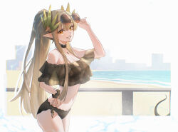 1girl 2girls absurdres adjusting_eyewear arknights bare_shoulders beach bikini black_bikini black_choker breasts brown_hair c113oreo choker cleavage commentary_request elf eyewear_on_head feather_hair highres ho&#039;olheyak_(arknights) long_hair looking_at_viewer medium_breasts muelsyse_(arknights) multiple_girls navel ocean orange_eyes pointy_ears ponytail sand smile snake_tail solo solo_focus stomach sunglasses swimsuit tail thighs
