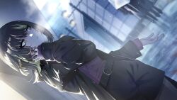 1girl belt black_hair black_jacket black_shorts blonde_hair dot_nose eyelashes fingernails hand_in_own_hair highres idolmaster idolmaster_shiny_colors idolmaster_shiny_colors_song_for_prism ikaruga_luca jacket long_bangs long_sleeves looking_up multicolored_hair official_alternate_costume official_alternate_hairstyle official_art one_side_up open_clothes outdoors pantyhose parted_lips rain shorts sidelocks sleeves_past_wrists solo standing streaked_hair sweater third-party_source two-tone_hair water_drop wet wet_clothes wet_hair yellow_eyes