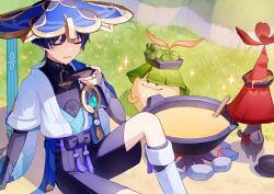 1boy aranara_(genshin_impact) armor blue_hair bowl closed_eyes day food genshin_impact grass hair_between_eyes hat highres holding japanese_armor japanese_clothes kote kurokote maigogo05 male_focus mandarin_collar outdoors scaramouche_(genshin_impact) sitting soup sparkle vision_(genshin_impact) wanderer_(genshin_impact)