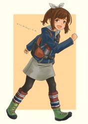 Rule 34 | 1girl, absurdres, black pantyhose, blue jacket, boots, brown eyes, brown hair, dark-skinned female, dark skin, full body, green boots, grey skirt, highres, i-401 (kancolle), i-401 (sasebo) (kancolle), jacket, kantai collection, lace-up boots, official alternate costume, orange background, outside border, pantyhose, ponytail, pot-de, short hair, sidelocks, skirt, socks, solo, striped clothes, striped socks, two-tone background