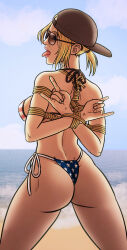 1girl american_flag american_flag_bikini american_flag_print ass backwards_hat baseball_cap bdsm bikini black_hat blonde_hair bondage bound bound_arms bound_wrists brown-tinted_eyewear flag_print from_behind grand_theft_auto grand_theft_auto_vi hat highres kinbaku looking_at_viewer looking_back print_bikini redneck_girl_(gta_vi) reptileye rope shibari short_hair solo sunglasses swimsuit tinted_eyewear tongue tongue_out