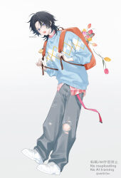 1boy absurdres ahoge backpack bag black_hair blue_eyes blue_sweater flower grey_pants hair_between_eyes hama_m highres holding holding_bag leaning_forward long_sleeves looking_at_viewer male_focus medium_hair open_mouth orange_bag orange_flower original pants pink_flower shoes simple_background solo sweater torn_clothes torn_pants tulip white_background white_shoes