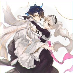 1boy 1girl ahoge apron arknights arm_up black_dress black_gloves closed_mouth dress frilled_sleeves frills gloves grey_eyes grey_hair head_wings highres irene_(arknights) irene_(voyage_of_feathers)_(arknights) long_hair long_sleeves looking_at_viewer lumen_(arknights) lumen_(golden_dream)_(arknights) maid_apron maid_headdress maplebyebye ponytail shirt simple_background smile very_long_hair white_background white_shirt wings