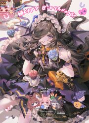 4girls ahoge animal_ears bat_wings black-framed_eyewear black_gloves black_hat blue_eyes blush braid brown_hair cake candy character_name commentary_request crown_braid cupcake dress ear_ornament feet_out_of_frame flower-shaped_pupils food gloves hair_over_one_eye happy_birthday haru_urara_(umamusume) haru_urara_(uraraka_passion)_(umamusume) hat heart highres horse_ears horse_girl horse_tail ketchup long_hair looking_at_viewer mihono_bourbon_(code:glassage)_(umamusume) mihono_bourbon_(umamusume) multiple_girls official_alternate_costume on_ground one_eye_closed pink_eyes pink_hair puffy_short_sleeves puffy_sleeves purple_eyes rice_shower_(make_up_vampire!)_(umamusume) rice_shower_(umamusume) short_sleeves simple_background smile solo_focus symbol-shaped_pupils tail umamusume welchino white_background wings witch_hat zenno_rob_roy_(magically_gifted_hero)_(umamusume) zenno_rob_roy_(umamusume)