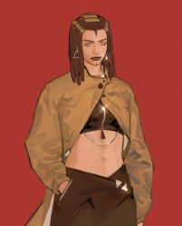 1girl black_hair black_lips crop_top ermes_costello facial_tattoo fashion green_lips dreadlocks hands_in_pockets highres jojo_no_kimyou_na_bouken lipstick long_coat makeup midriff qi_hui realistic solo sparkle stone_ocean tattoo