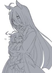 Rule 34 | :3, agnes tachyon (umamusume), ahoge, belt, carrying, carrying person, chemical structure, closed mouth, coat, collared shirt, ear ornament, ear tag, earrings, expressionless, greyscale, hair between eyes, heart, huge ahoge, jewelry, kagosumi, lab coat, long hair, long hair between eyes, looking at another, manhattan cafe (umamusume), mini person, minigirl, monochrome, open clothes, open coat, shirt, simple background, single earring, sleeves past fingers, sleeves past wrists, smile, umamusume, very long hair, white background