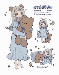 1girl animal_ears barefoot bear_ears blonde_hair blue_nightgown colored_eyelashes crescent_moon flipped_hair gakuen_idolmaster gooooskap hair_ornament hairclip highres holding holding_stuffed_toy idolmaster large_teddy_bear light_smile long_hair long_sleeves moon multiple_views nightgown orange_eyes parallel_hairclips parted_bangs pillow romaji_text shinosawa_hiro simple_background star_(symbol) stuffed_toy white_background