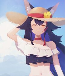 Rule 34 | 1girl, absurdres, animal ear fluff, animal ears, bare shoulders, bikini, black bikini, black hair, blue sky, choker, closed mouth, cloud, collarbone, day, flower, frills, hair between eyes, hat, hat flower, highres, hololive, holonatsu paradise, long hair, looking at viewer, multicolored hair, navel, nofaru, off shoulder, official alternate costume, one eye closed, ookami mio, ookami mio (holonatsu paradise), outdoors, red choker, red hair, sky, smile, solo, stomach, straw hat, streaked hair, sun hat, swimsuit, upper body, virtual youtuber, wolf ears, wolf girl, yellow eyes