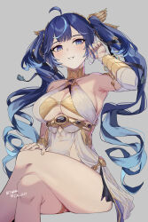 1girl absurdres ahoge ancient_greek_clothes bare_shoulders blue_eyes blue_hair blush breasts callu_jy cleavage commentary crossed_legs english_commentary gold_bra greco-roman_clothes grey_background hair_belt hair_ornament hand_on_own_knee hand_up head_wreath highres invisible_chair iuno_(wuthering_waves) jewelry long_hair looking_at_viewer parted_lips sitting smile solo thighlet thighs twintails very_long_hair wuthering_waves