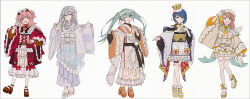 5girls :d ;d adapted_costume arm_up beret blue_eyes blue_hair bow braid braided_bangs brown_bow brown_dress brown_hair brown_shoes closed_mouth color_of_myself!_(project_sekai) crossed_legs crown dress frilled_dress frilled_sleeves frills ganbaru_anata_ni_break_time!_(project_sekai) gloves green_hair grey_background grey_dress grey_gloves grey_hair grey_hat grey_kimono grey_thighhighs haikei_ano_koro_no_watashi_e_(project_sekai) hair_between_eyes hair_ribbon hakusai_(tiahszld) hanasato_minori hand_on_own_hip hand_up hands_up hat hatsune_miku high_heels highres himitsu_no_valentine_daisakusen!_(project_sekai) hinomori_shizuku japanese_clothes kimono kiritani_haruka long_hair long_sleeves mini_crown momoi_airi more_more_jump!_(project_sekai) more_more_jump!_miku multiple_girls one_eye_closed open_mouth orange_bow orange_kimono orange_ribbon orange_shoes pantyhose pinching_sleeves pink_hair project_sekai purple_eyes red_eyes red_kimono revision ribbon ribbon_trim shoes short_hair simple_background sleeves_past_wrists smile standing standing_on_one_leg swept_bangs thighhighs tilted_headwear twintails two_side_up v very_long_hair vocaloid white_dress white_pantyhose white_shoes wide_sleeves