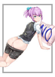 10s 1girl ass bike_shorts blue_eyes breasts clothes_pull female_focus highres kantai_collection looking_at_viewer nipples no parabora_(nipplemokuba) pillow ponytail pussy pussy_juice serious shiranui_(kancolle) short_ponytail shorts shorts_pull simple_background small_breasts solo uncensored yes-no_pillow