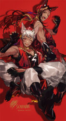 2boys animal_ears animal_feet arm_tattoo bandana barefoot black_gloves black_shirt blush braid brown_hair collarbone commentary_request crossed_legs dark-skinned_male dark_skin drop_shadow fangs forehead_tattoo full_body gloves gold_collar grey_eyes highres long_hair looking_at_viewer male_focus multiple_boys nana_tetra one_eye_closed open_mouth pants paw_pose puffy_pants red_background red_bandana red_eyes red_shirt shirt short_hair sitting sleeveless sleeveless_shirt tattoo toned toned_male twisted_wonderland twitter_username white_hair white_pants