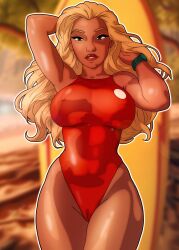1girl arms_behind_head arms_up blonde_hair breasts cameltoe covered_erect_nipples curvy dark-skinned_female dark_skin highleg highleg_one-piece_swimsuit highres jingiebluebird large_breasts lifeguard_(lilo_&amp;_stitch) lilo_&amp;_stitch long_hair looking_at_viewer one-piece_swimsuit outdoors parted_lips red_one-piece_swimsuit shiny_skin solo swimsuit watch wide_hips wristwatch