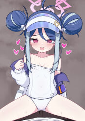 1girl 1other antenna_hair blue_archive blue_hair breasts double_bun double_strap_slip fubuki_(blue_archive) fubuki_(swimsuit)_(blue_archive) hair_bun halo heart highres io9 jacket loli looking_at_viewer multicolored_hair one-piece_swimsuit pink_halo red_eyes school_swimsuit small_breasts straddling swimsuit white_jacket white_one-piece_swimsuit