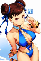 Rule 34 | 1girl, :/, artist logo, bare shoulders, blue one-piece swimsuit, blue ribbon, blush, bracelet, breasts, brown eyes, brown hair, capcom, casual one-piece swimsuit, chain, chun-li, cleavage, closed mouth, clothing cutout, commentary, diamond cutout, donut hair bun, double bun, earrings, gold trim, hair bun, hair ribbon, hand up, highres, jewelry, large breasts, logo, looking at viewer, navel, navel cutout, one-piece swimsuit, pinching gesture, ribbon, skaggshood, solo, sphere earrings, spiked bracelet, spikes, street fighter, street fighter 6, swimsuit