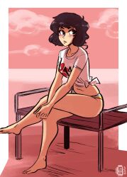 1girl absurdres barefoot bench black_eyes black_hair blue_panties blush cloud highres kawakami_sadayo looking_to_the_side midriff navel own_hands_clasped own_hands_together panties parted_lips persona persona_5 pink_sky scruffyturtles shirt short_hair sitting sky solo tied_shirt underwear