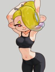 1girl arms_behind_head arms_up blonde_hair breasts collarbone cowboy_shot daniel_uribe grey_background groin hair_over_one_eye looking_at_viewer medium_breasts midriff navel nintendo octoling pants red_eyes shiver_(splatoon) shiver_(summer_nights)_(splatoon) smile solo splatoon_(series) splatoon_3 stretching tank_top tentacle_hair thick_thighs thighs wide_hips yoga_pants