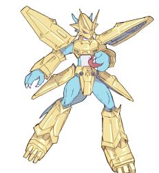 apple armor blue_skin colored_skin dailyewdream digimon digimon_(creature) dragon food fruit full_body gold_armor gold_helmet highres holding holding_food holding_fruit magnamon red_eyes shoulder_armor simple_background solo white_background