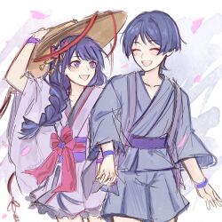 1boy 1girl aged_down alternate_costume alternate_universe arm_up blue_pupils blunt_bangs blunt_ends closed_eyes collarbone eyelashes eyeliner eyeshadow facing_another frilled_skirt frills genshin_impact hair_ornament hair_over_shoulder haori highres holding_hands ichimegasa interlocked_fingers japanese_clothes kimono kimono_skirt light_blush long_hair looking_at_another low-braided_long_hair low-tied_long_hair makeup mole mole_under_eye mother_and_son multicolored_hair obi obiage outdoors purple_eyes purple_haori purple_kimono purple_shorts purple_sleeves raiden_shogun red_eyeliner red_eyeshadow sash scaramouche_(genshin_impact) sgm618 shorts skirt streaked_hair swept_bangs tassel tassel_hair_ornament teeth three-quarter_sleeves twitter_username upper_body upper_teeth_only white_background wide_sleeves wispy_bangs wristband