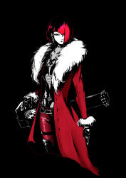 Rule 34 | 1girl, absurdres, anna williams, black background, black collar, black hair, blue eyes, bob cut, coat, collar, hair over one eye, highres, holding, holding rocket launcher, holding weapon, hollow 555, multicolored hair, one eye covered, pants, red coat, red hair, red pants, rocket launcher, short hair, simple background, solo, tekken, tekken 8, two-tone hair, upper body, weapon