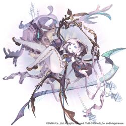 1girl arrow_(projectile) blue_eyes blunt_bangs bow_(weapon) commentary_request copyright_notice crossbow detached_sleeves failnaught_(othellonia) full_body grey_pantyhose looking_at_viewer official_art open_mouth othellonia pale_skin pantyhose puff_and_slash_sleeves puffy_sleeves simple_background so-taro solo weapon white_background