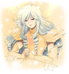 1boy armor blonde_hair blue_hair closed_eyes eyelashes gold_armor gold_cloth gold_saint interlocked_fingers long_hair male_focus mizuhara_aki multicolored_hair own_hands_together pauldrons pink_lips pisces_aphrodite ringlets saint_seiya shoulder_armor solo trap two-tone_hair u_u