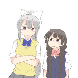 2girls black_hair blue_bow blue_eyes blush_stickers bow braid cardigan_vest chibi closed_mouth crossed_arms grey_hair grey_skirt hair_between_eyes hair_bow hair_over_shoulder higuchi_kaede higuchi_kaede_(3rd_costume) long_hair low_twintails multiple_girls nijisanji parted_lips pink_bow pleated_skirt ponytail purple_eyes rebecca_(keinelove) school_uniform simple_background skirt small_sweatdrop sweat sweater_vest tsukino_mito tsukino_mito_(summer_uniform) twin_braids twintails very_long_hair virtual_youtuber white_background white_bow