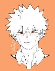 ... 1boy anger_vein angry bakugou_katsuki blush boku_no_hero_academia closed_mouth collared_shirt cropped_shoulders hair_between_eyes highres kunyamon_busy looking_ahead male_focus open_collar orange_background orange_eyes shirt simple_background solo speech_bubble spiked_hair spoken_ellipsis sweat wing_collar