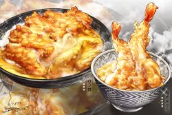 Rule 34 | bowl, cutlet, dated, food, food focus, highres, katsu (food), katsudon (food), no humans, original, rice, shrimp, shrimp tempura, tempura, tom23579