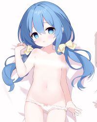 1girl absurdres arm_up blue_eyes blue_hair blush bow bow_panties breasts censored dakimakura_(medium) date_a_live gluteal_fold groin highres himekawa_yoshino loli long_hair lying navel on_back panties panty_pull pawrorikon pulling_own_clothes ribbon small_breasts stomach thigh_gap thighs twintails underwear white_panties