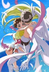 2girls angel_wings angewomon blonde_hair blue_sky brown_hair carrying carrying_person covered_eyes digimon digimon_(creature) digimon_adventure elbow_gloves feathered_wings feathers flying gloves helmet helmet_over_eyes long_hair looking_at_viewer multiple_girls ocean outdoors red_eyes short_hair sky smile sunlight winged_helmet wings yagami_hikari yoko.u