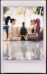 2girls antenna_hair bao_(league_of_legends) barefoot black_hair bracelet breasts cat commentary crop_top english_commentary closed_eyes facial_mark facing_another faux_traditional_media feet high_ponytail highres jewelry k/da_(league_of_legends) kai&#039;sa league_of_legends lips long_hair long_sleeves lotus_position meditation multiple_girls nose official_art pants pink_hair ponytail reflection reflective_floor seraphine_(league_of_legends) sitting small_breasts smirk star_(symbol) sweatpants tank_top the_baddest_kai&#039;sa toes very_long_hair white_cat